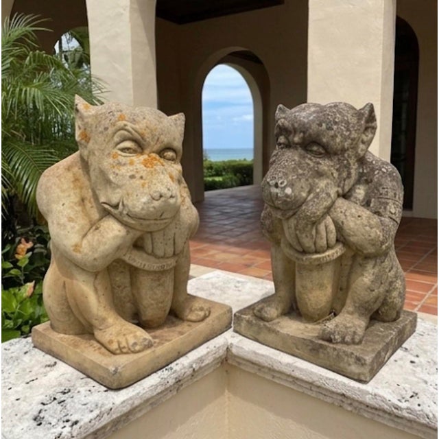 A Pair of Vintage Seated Cast Stone Gargoyle Garden Statues For Sale - Image 12 of 12