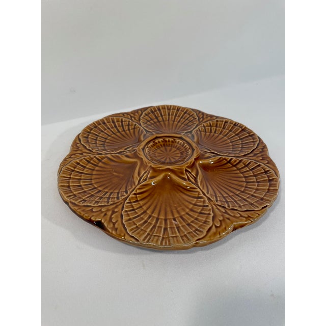Art Deco 1920s French Sarreguemines Gold Majolica Oyster Plate For Sale - Image 3 of 11