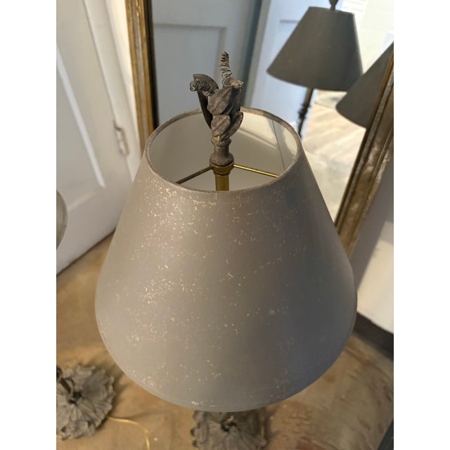 English Pair Vintage Hart & Associates Antique Brass Candlestick Buffet Lamps Taupe Painted Shades and Vine Foliage Detailing For Sale - Image 3 of 8