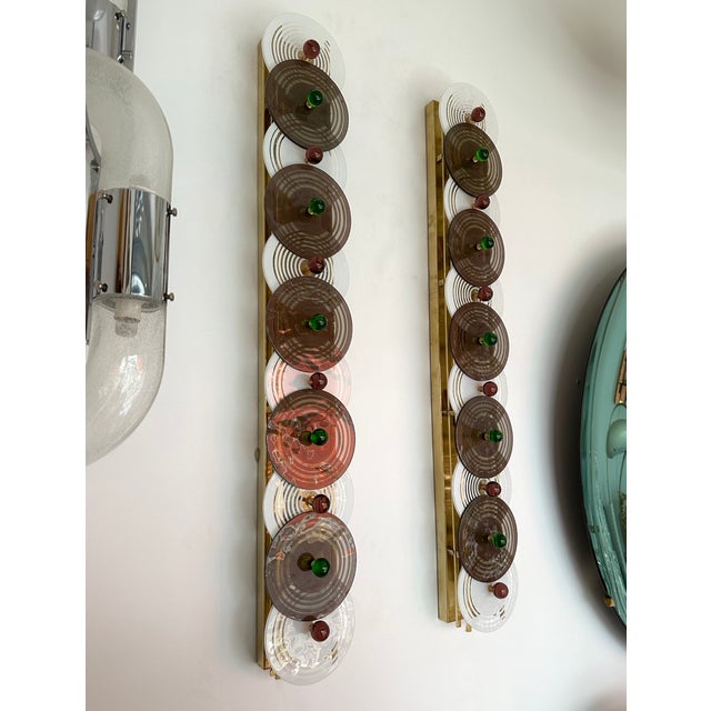 Brass Large Contemporary Pair of Brass and Circle Disc Murano Glass Sconces, Italy For Sale - Image 8 of 12