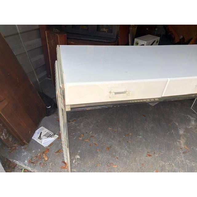 1970s White and Lucite 66 Inch 3 Drawer Writing Desk For Sale - Image 9 of 9