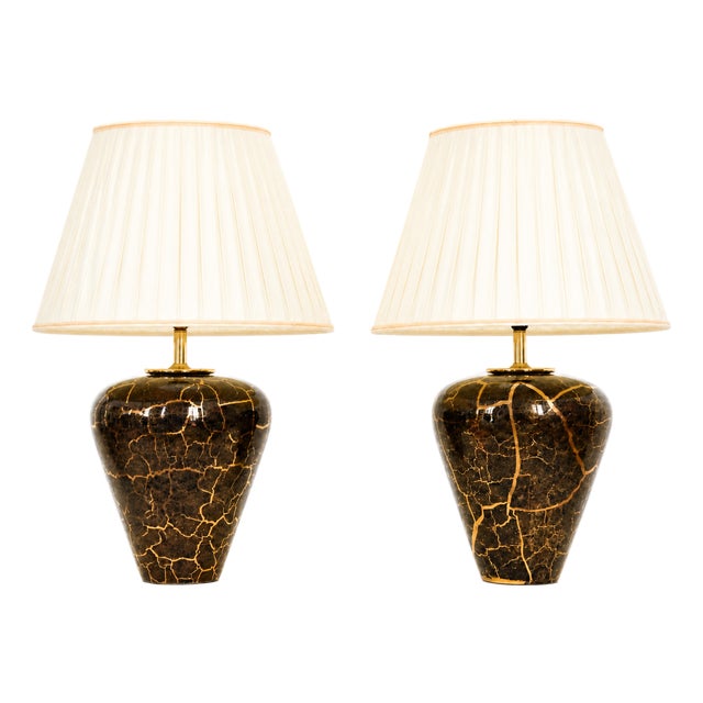 Baluster Shaped Table Lamps in Glazed Black and Gold Ceramic, Set of 2 For Sale