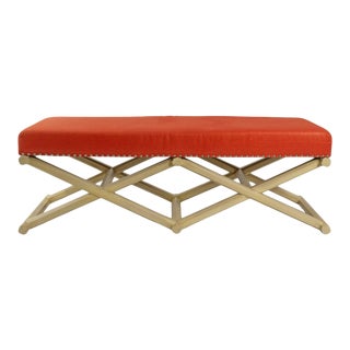 Custom X Frame Bench with Waxed Orange Linen Upholstered Seat For Sale