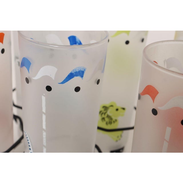 Set of Eight Vintage Frosted Glasses With Animal Carousel Motif by Libbey With Carrier For Sale - Image 15 of 18