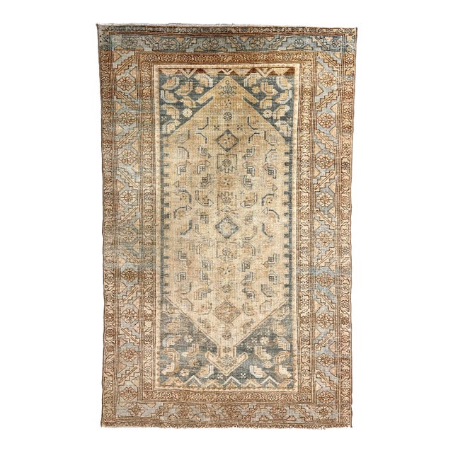 Vintage Circa 1930 Taupe Lightly Distressed Malayer Hand Knotted Rug 3'8 X 6'1 For Sale