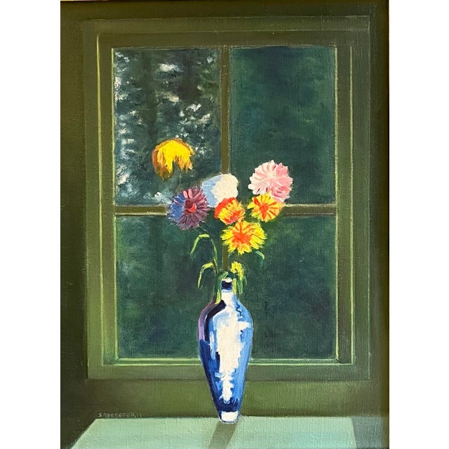 Oil painting on hand stretched canvas linen of red, yellow and pink flowers in a blue and white vase set on a green...