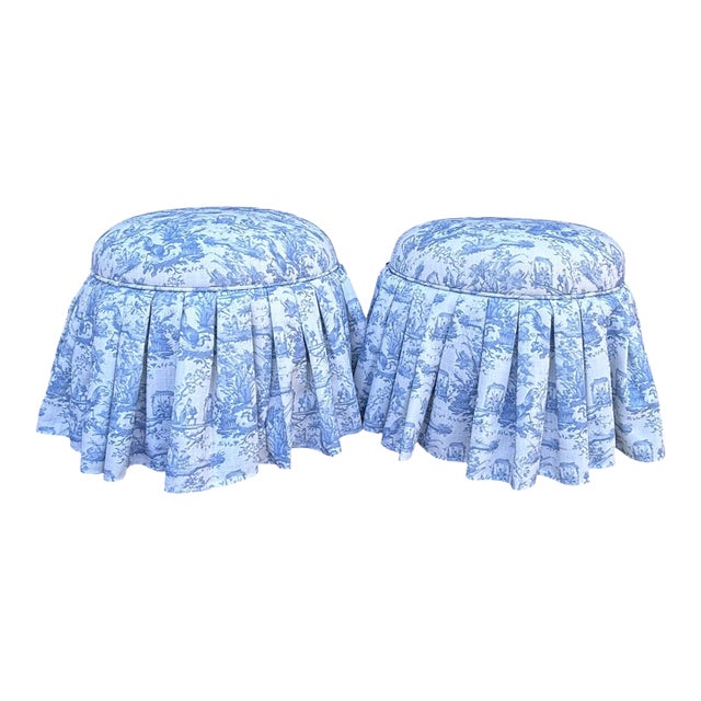 English Country Chinois Blue & White Toile Skirted Storage Ottomans, a Pair For Sale