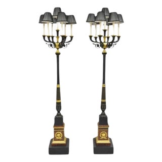 Late 19th Century French Empire Tall Bronze & Marble Lighted Candelabra Torchiere Floor Lamps - a Pair For Sale