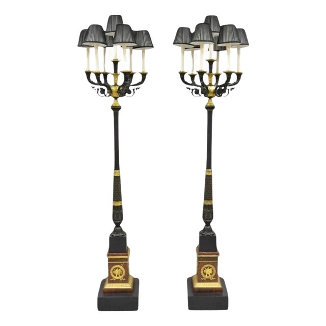 Late 19th Century French Empire Tall Bronze & Marble Lighted Candelabra Torchiere Floor Lamps - a Pair For Sale