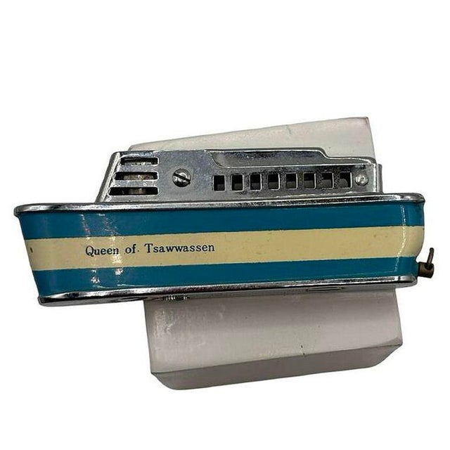Silver Mid-Century Novelty "Queen of Tsawwassen" Cruise Ship Enameled Lighter For Sale - Image 8 of 10