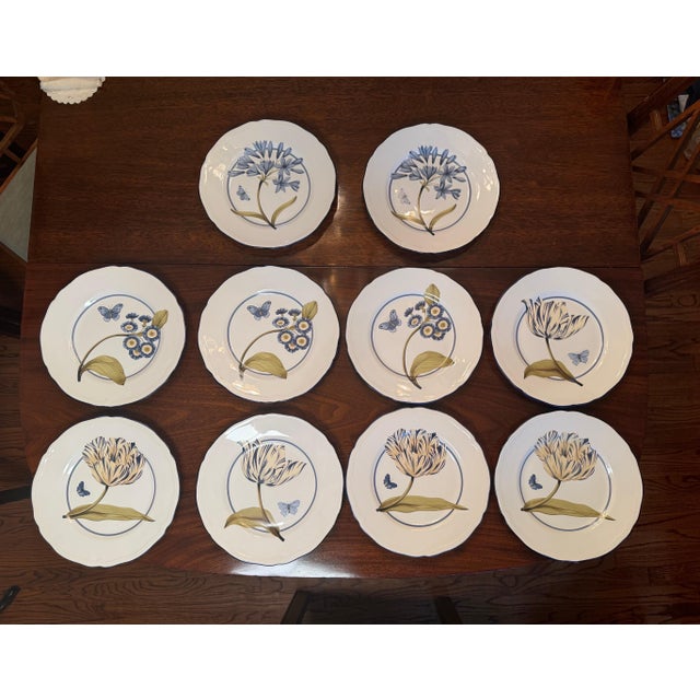 1970s Colefax & Fowler " Tulip and Butterfly " 11 Inch Dinner Plates - Set of 10 For Sale - Image 5 of 8