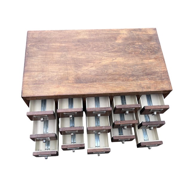 Wood Vintage Wooden Library Card Catalog Cabinet With 15 Drawers on Casters For Sale - Image 7 of 18