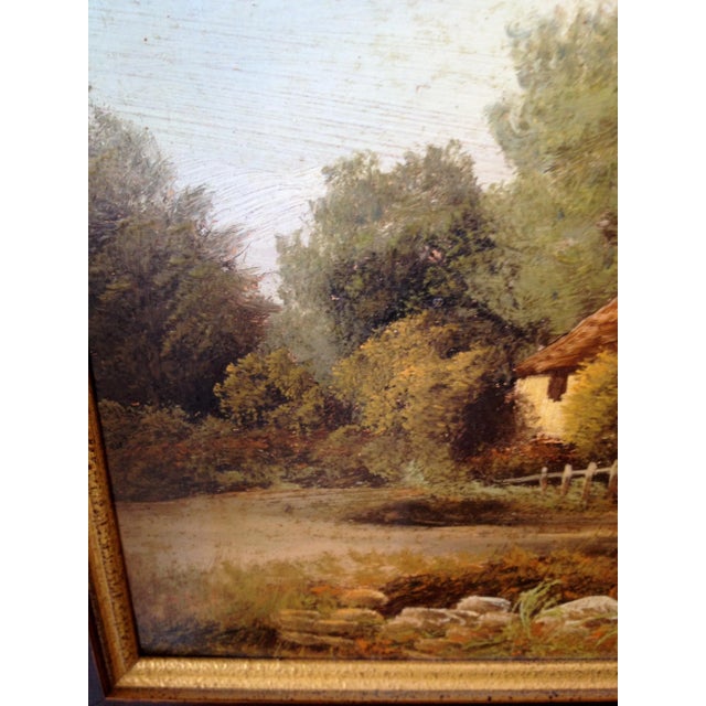 Sky Blue 1930s English Impressionist Landscape Painting, Cottage by River For Sale - Image 8 of 11