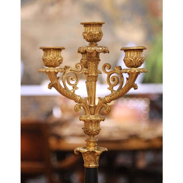 Brass Pair of 19th C. French Empire Bronze and Patinated Brass Four-Light Candelabra For Sale - Image 8 of 10