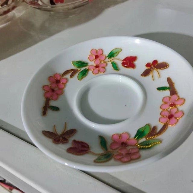 Vintage Cloisonné Enamel Porcelain Lidded Teacup & Saucer – Floral & Butterfly Motif For Sale - Image 4 of 6