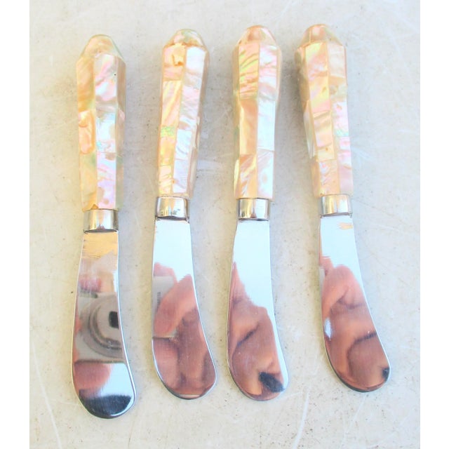 Mid-Century Mother of Pearl Paneled Pate Spreaders, -A set of 4. Stainless steel blades, rounded and designed to move soft...