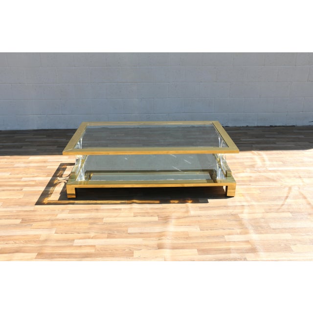 Vintage 1970s Hollywood Regency Brass Lucite & Glass Two-Tier Coffee Table For Sale - Image 16 of 18
