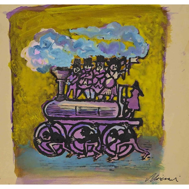 Mino Maccari, Happy Train, Original Watercolor and Tempera, Mid-20th Century For Sale
