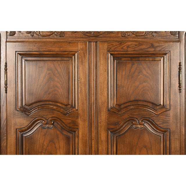 Baker Furniture French Provincial Louis XV Carved Oak Armoire Dressers or Linen Presses, Pair For Sale - Image 10 of 18