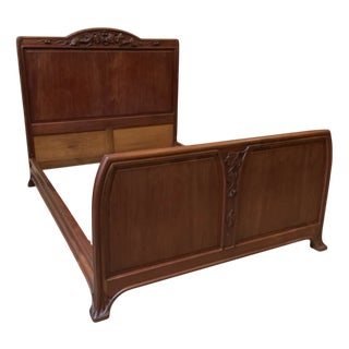 Antique Art Nouveau Ornate Walnut Bed, 1910 For Sale
