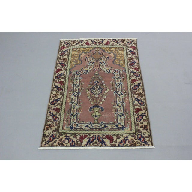 Beige 1970s Turkish Vintage Handmade Traditional Floral Design Hand Knotted Small Rug For Sale - Image 8 of 8