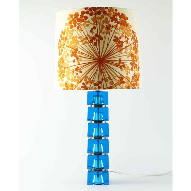 Metal Blue Glass and Brass Table Lamp by Carl Fagerlund for Orrefors, Sweden, 1960s For Sale - Image 7 of 7