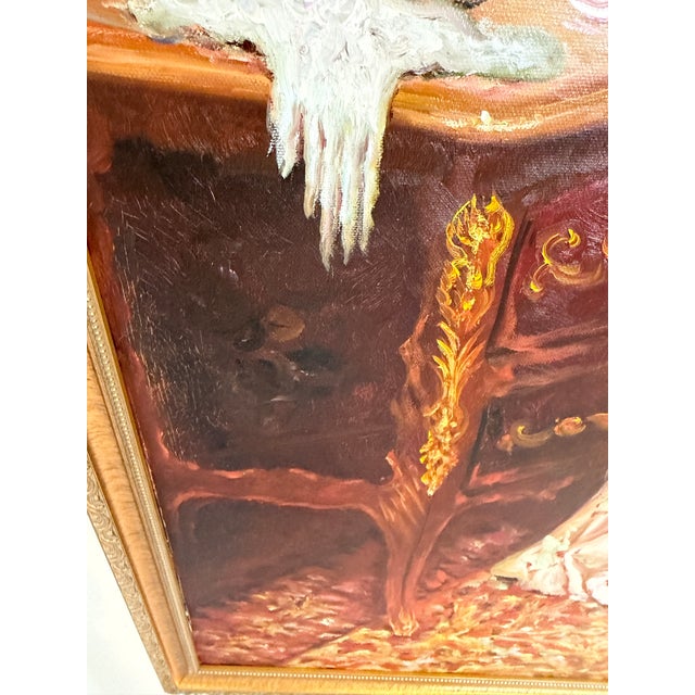 Victorian Style Interior Oil Painting Elegant Lady in Pink Gown, Framed For Sale - Image 4 of 8