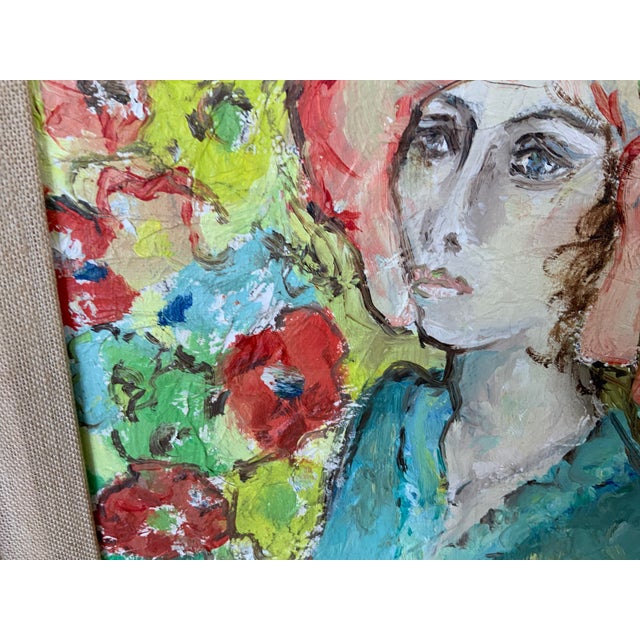 Late 20th Century Late 20th Century Oil Painting Woman With Red Hat For Sale - Image 5 of 12