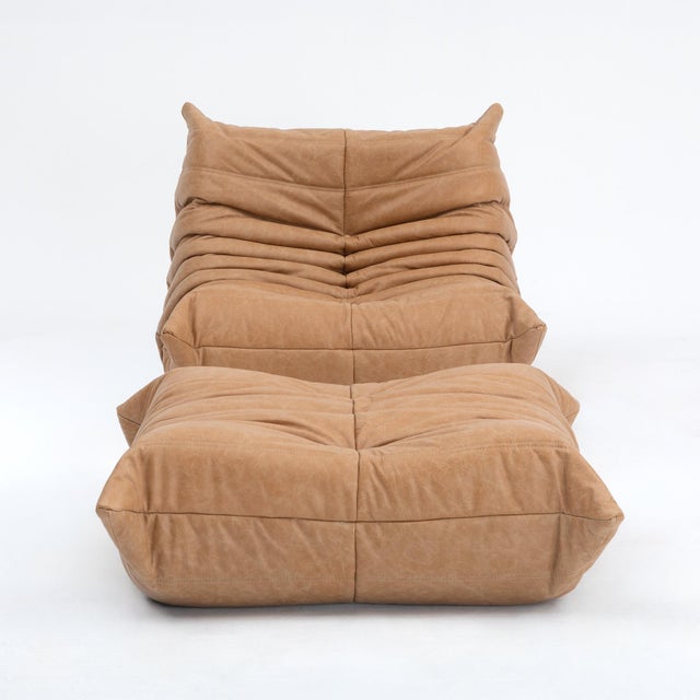 Vintage Ligne Roset Togo Chair and Ottoman in Burnt Orange Leather - Restored For Sale - Image 13 of 18