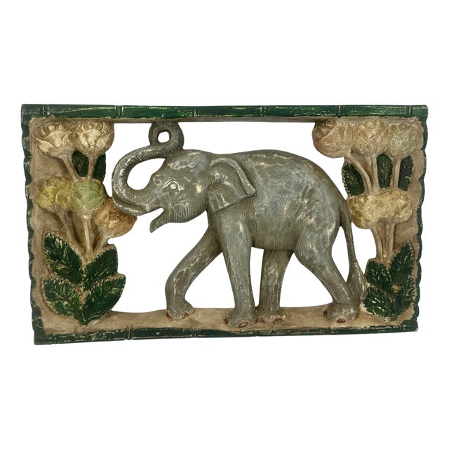 Thai Hand-Painted Wooden Elephant Wall Relief, 1960s For Sale