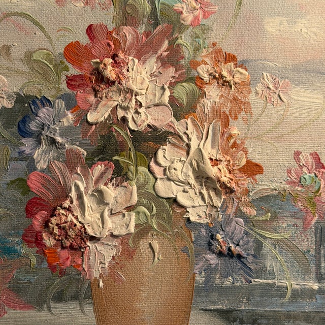 Presenting a striking vintage impasto floral oil painting, signed with the studio pseudonym A. Sweeting. Produced circa...