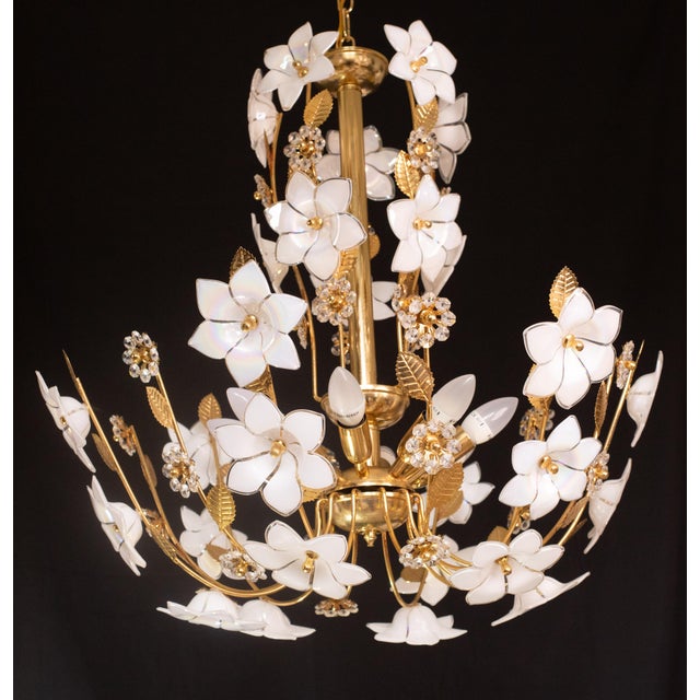 White Large Vintage Murano Glass Chandelier White Flowers, 1970 For Sale - Image 8 of 12