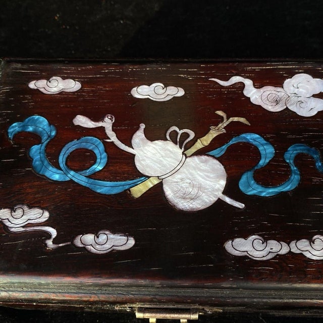 Chinese Vintage Chinese Rosewood & Mother-of-Pearl Inlay Jewelry Box – Auspicious Objects & Clouds Motif For Sale - Image 3 of 9