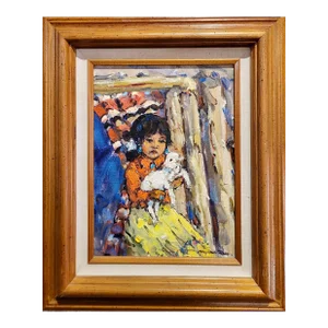 Marjorie Reed -Young Navajo Girl Holding a White Little Lamb-Oil Painting