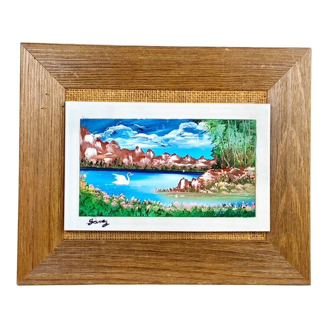 Vintage Hand Painted Framed Tile Landscape Paining For Sale