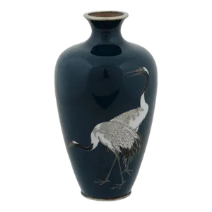 Antique Silver Meiji Japanese Cloisonne Enamel Crane Vase Signed Hayashi Kodenji