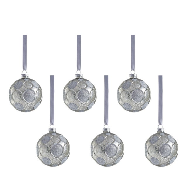 Silver Matte Frosted Serenity Glass Ball Ornaments with Silver Glitter - Set of 6, 3.25" For Sale