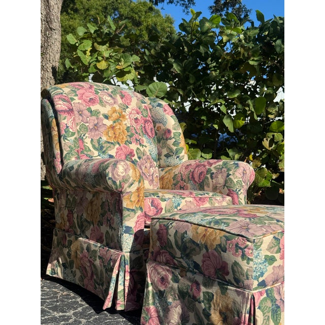 Vintage Hickory Hill Floral Upholstered Armchair & Ottoman | Traditional English Country Style For Sale - Image 12 of 12