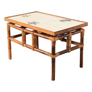 John Wisner for Ficks Reed Mid-Century Hollywood Regency Bamboo Rattan Tile Top Side Table, 1950s For Sale