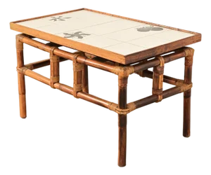 John Wisner for Ficks Reed Mid-Century Hollywood Regency Bamboo Rattan Tile Top Side Table, 1950s
