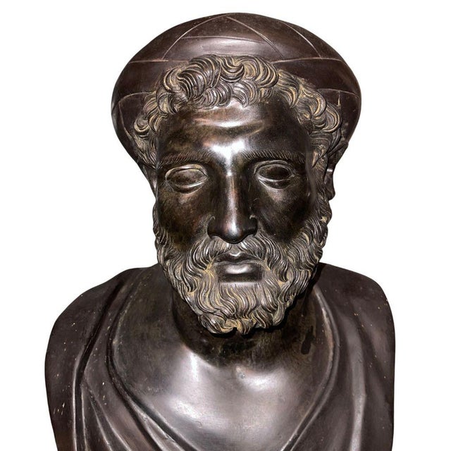 Traditional Late 19th C. Italian Bronze Busts of Heraclitus & Archytas on Marble Pedestals - Set of 2 For Sale - Image 3 of 10