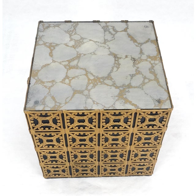 Decorative Brass Pattern Shaped Cube Base Side Table w/ Smoke Mirrored Top MINT
