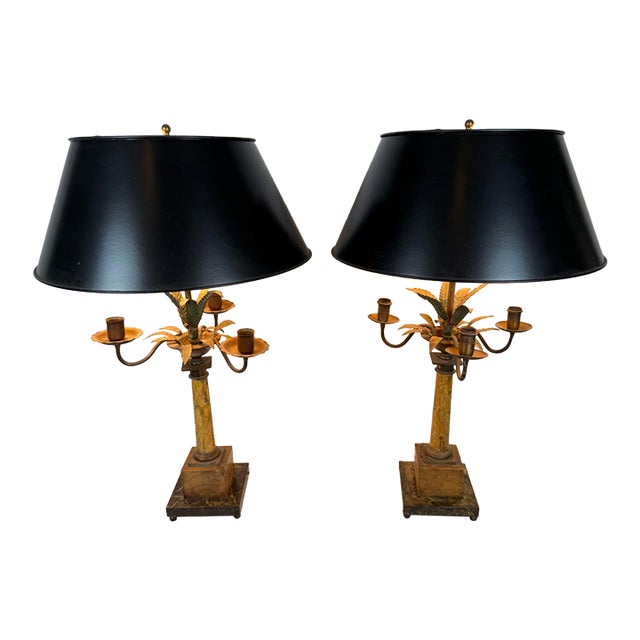 Mid 20th Century Hollywood Regency Tole Palm Tree Candelabra Table Lamps For Sale