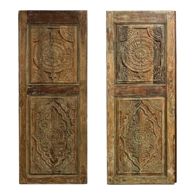Vintage Indian Lotus Mandala Carved Sliding Barn Door in Reclaimed Wood 80x28 For Sale