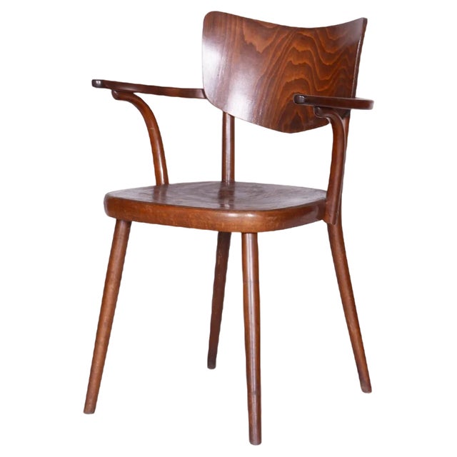 Art Deco Beech Chair with Armrests attributed to R. Hofman for Ton, Former Czechoslovakia, 1940s For Sale