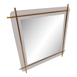 1970 Mid-Century Modern Smoked Glass and Brass Square Wall Mirror by Renato Zevi For Sale