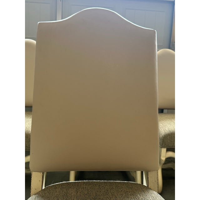 Drexel Heritage leather back chairs with custom distressed rubbed chalk finish. and tweed seats. Seats are sage green with...