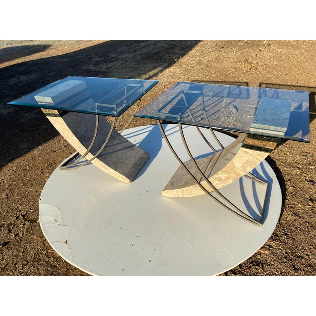 Stone Vintage Postmodern Tessellated Stone & Glass Sculptural End Side Tables À Pair For Sale - Image 7 of 18