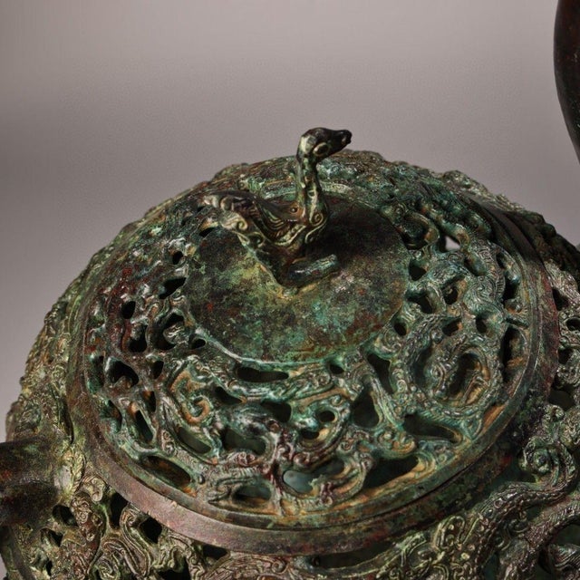 Monumental Vintage Bronze Bird & Beast Incense Burner – Archaic Style Censer With Inscription For Sale In Los Angeles - Image 6 of 10
