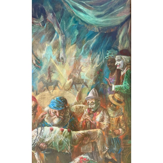 Jonah Kinigstein, Large Oil Painting Circus Scene Clowns Rediscovered NY Artist Jonah Kinigstein, c. 1950s For Sale - Image 16 of 16